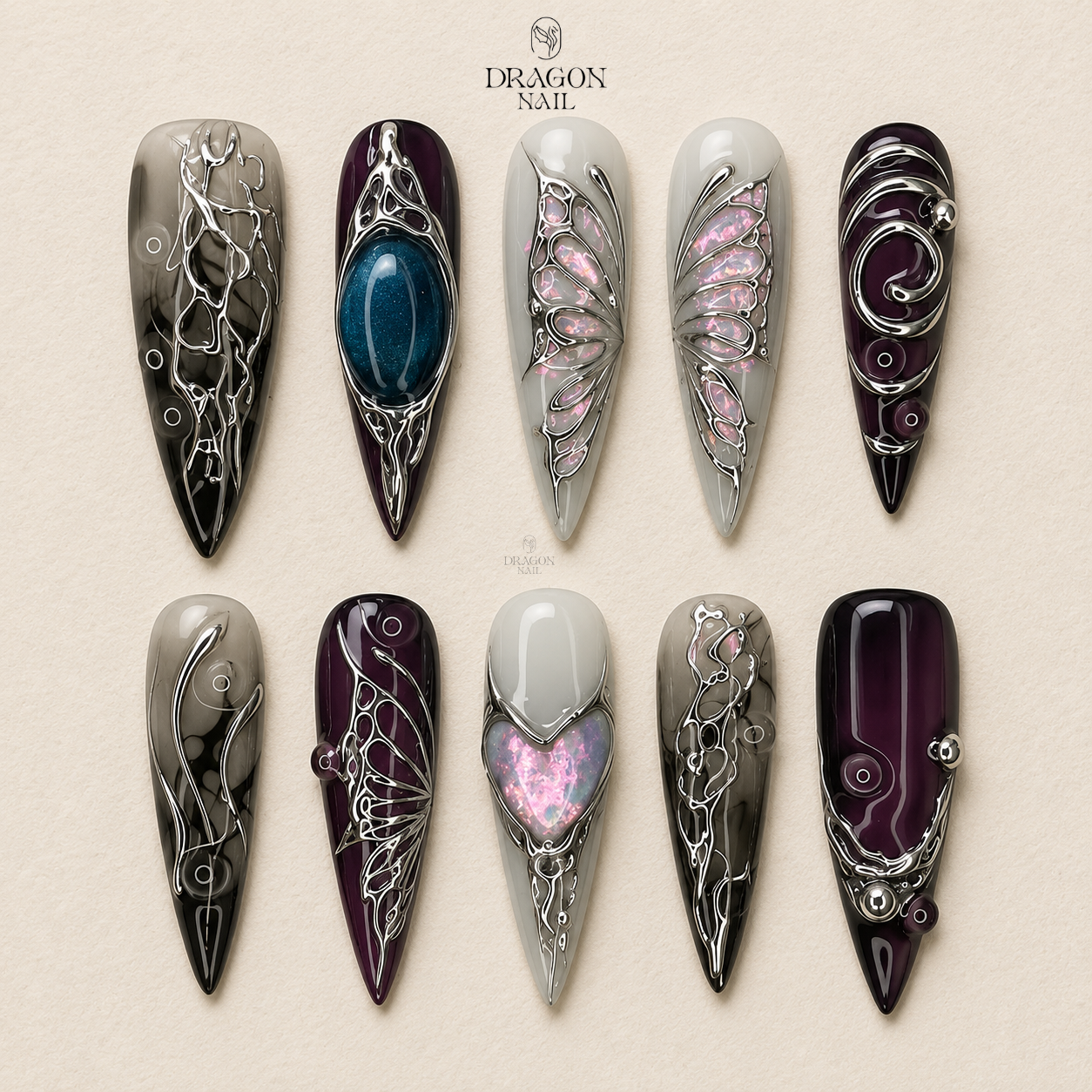 Cyberpunk Gothic Silver Chrome Futuristic Armor Press On Nails