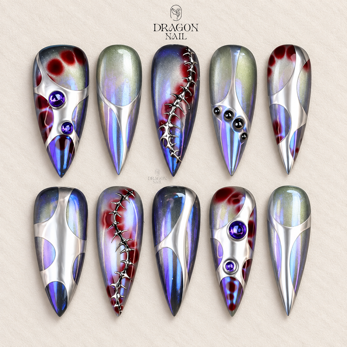 Cyberpunk Stitched Metallic Iridescent Futuristic Stiletto Press On Nails