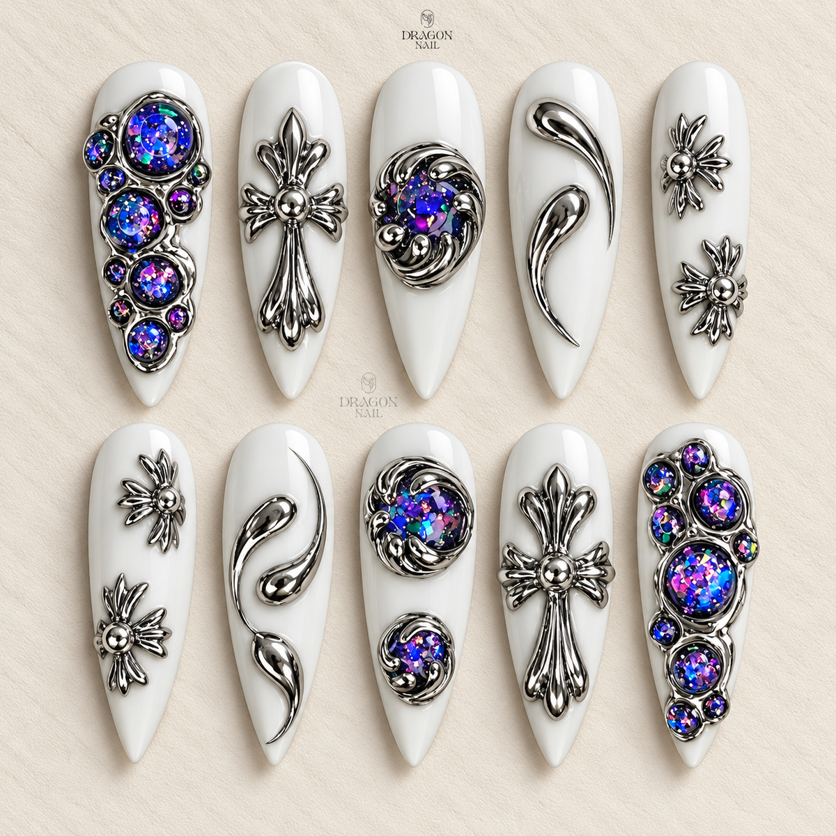 Dark Celestial Chrome Cross Galaxy Press On Nails