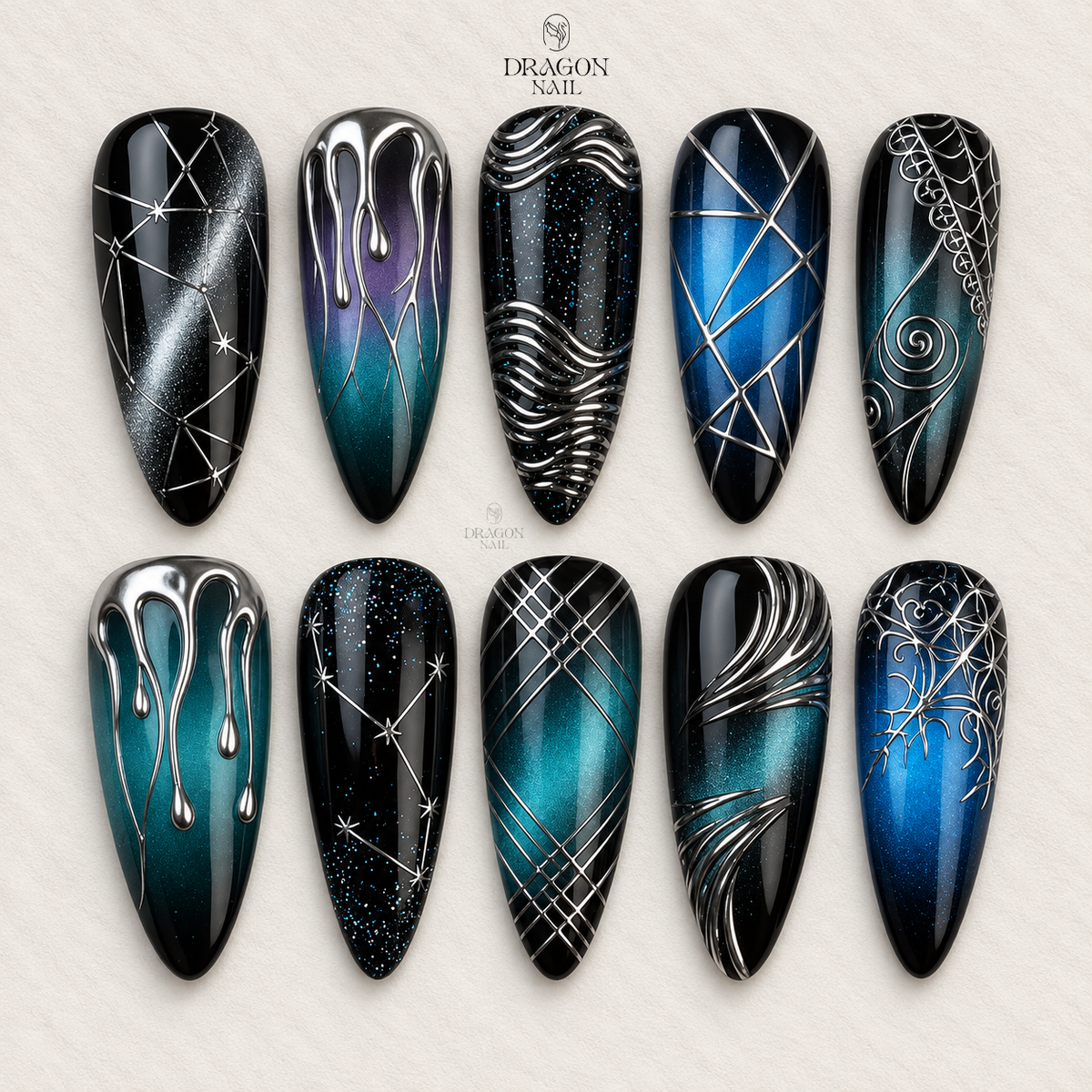 Dark Chrome Gothic 3D Metallic Press On Nails