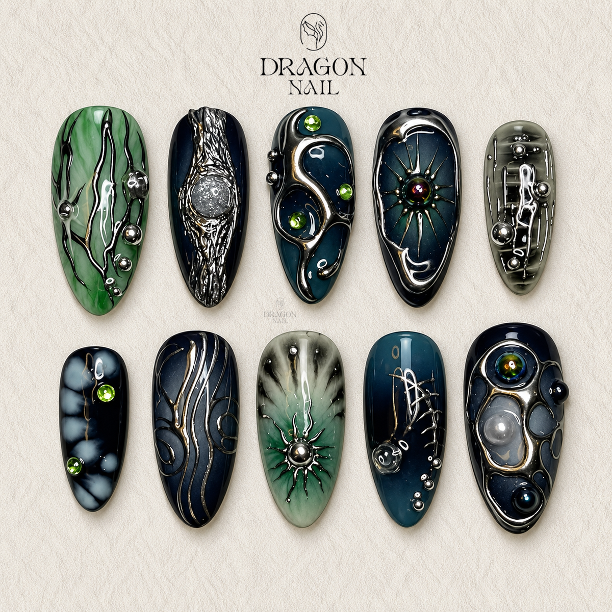 Dark Green Abstract Artistic Press On Nails