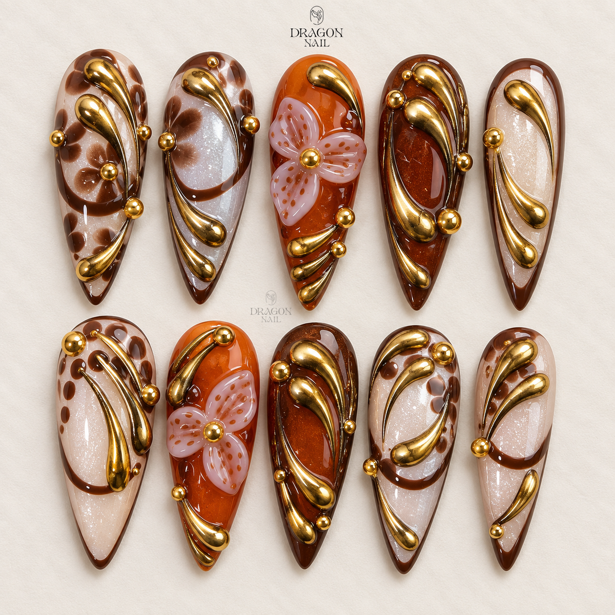 Dark Orchid Gold Sculpted Floral Stiletto Press On Nails