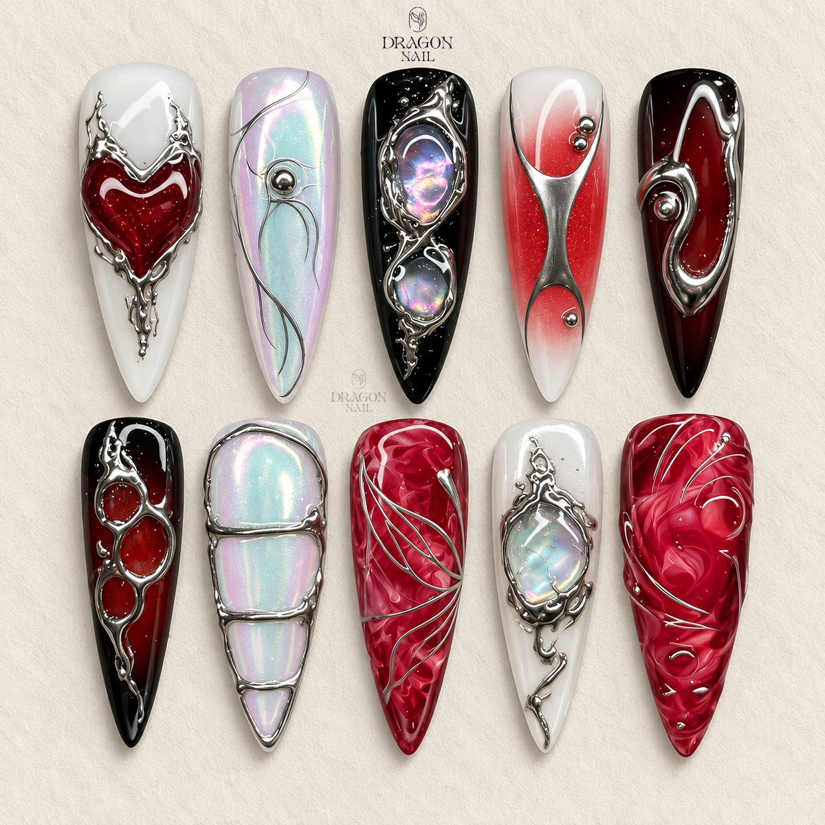Dark Red Heart Chrome Gothic Stiletto Press On Nails