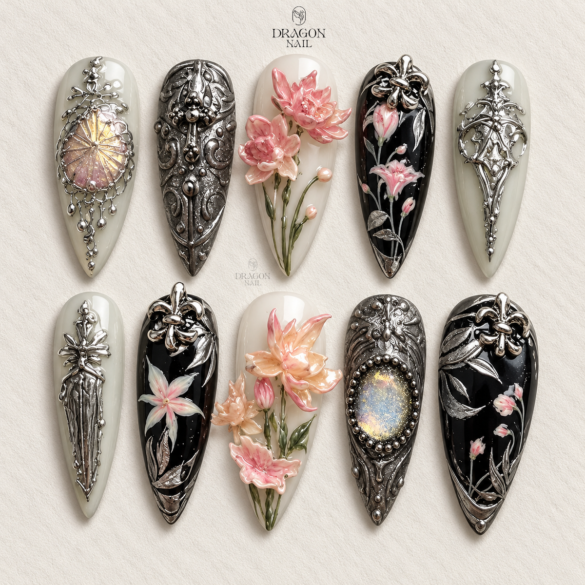 Dark Romantic Floral Embossed Press On Nails