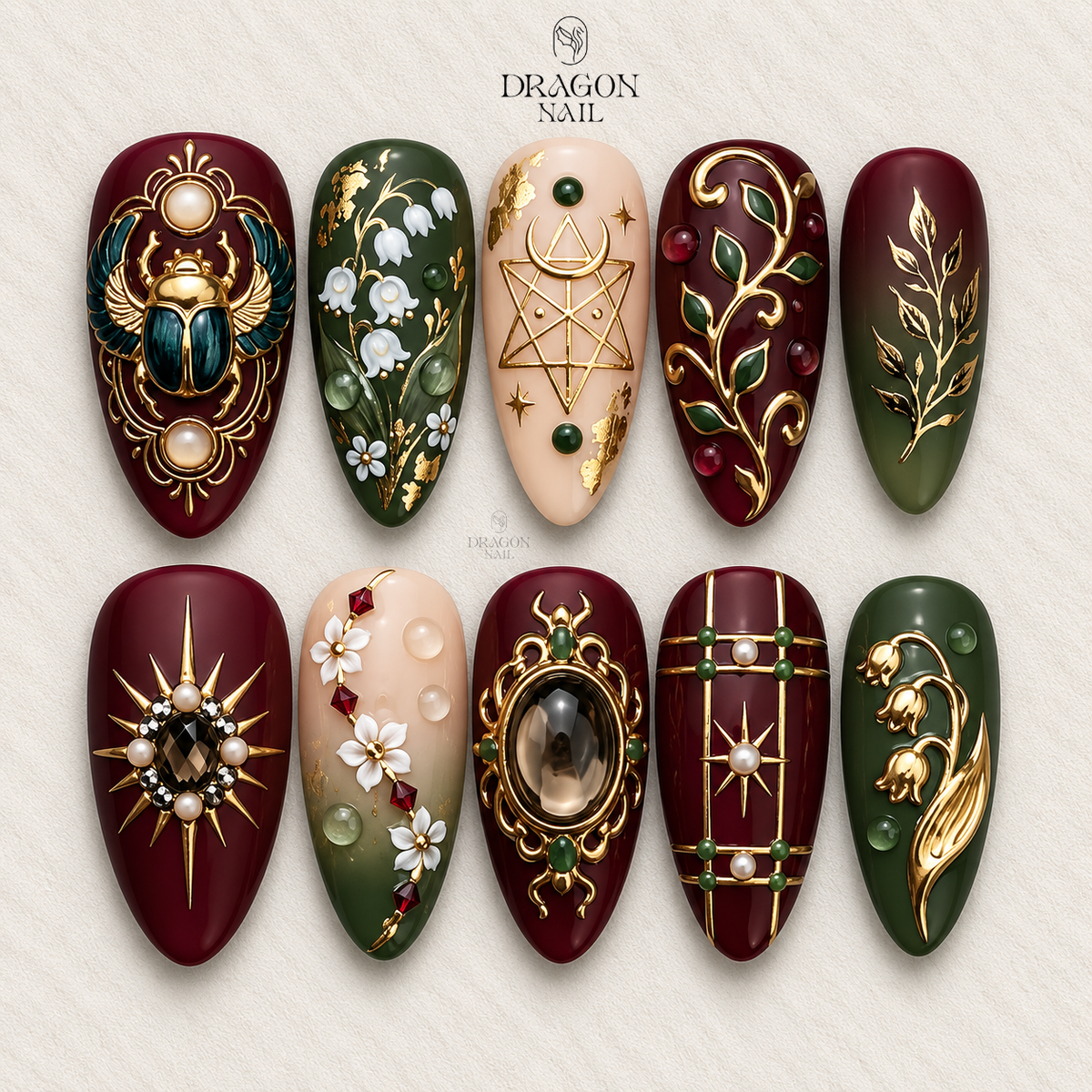Dark Academia Scarab Ornate Vintage Gold Press On Nails