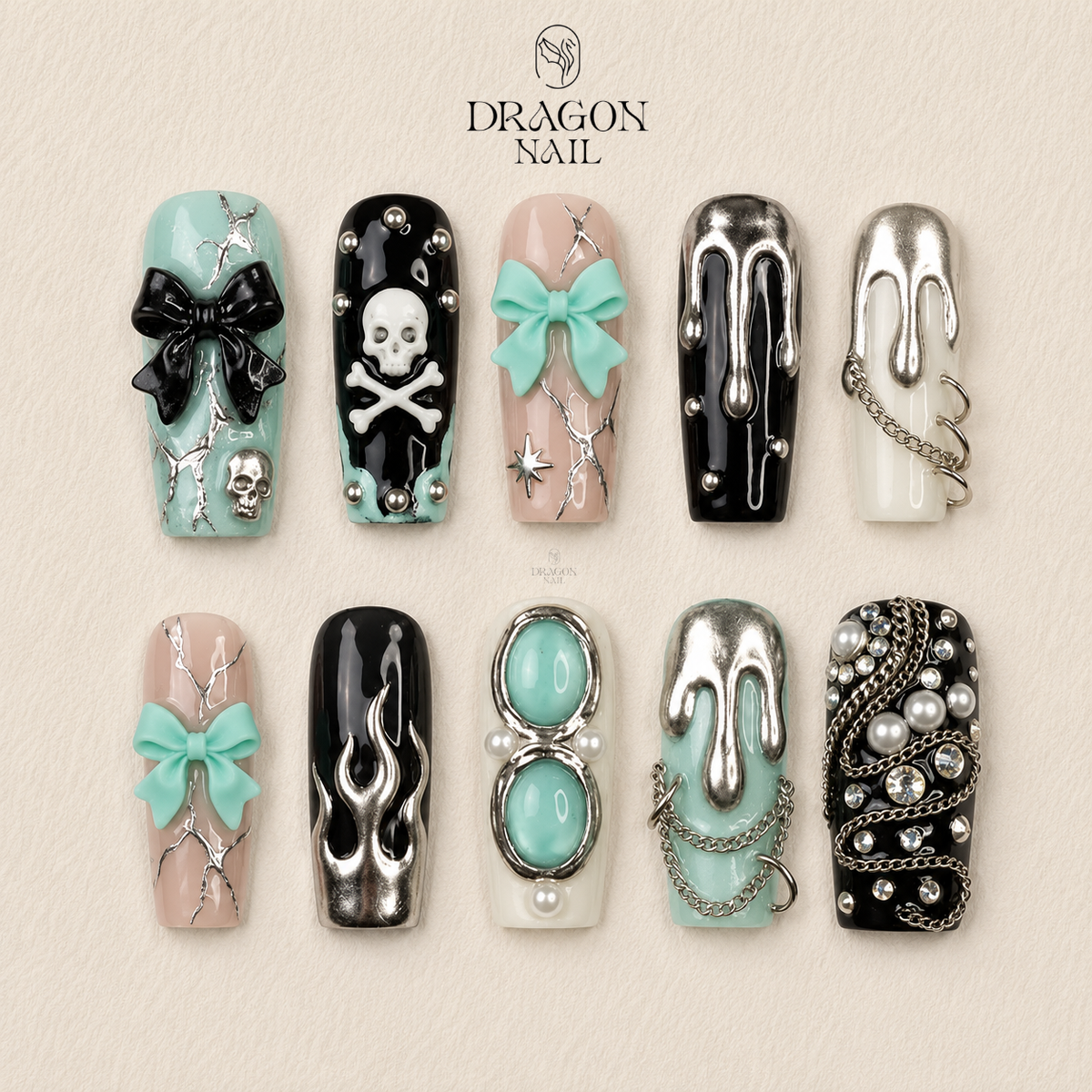 Dark Coquette Chrome Drip Skull Long Square Press On Nails