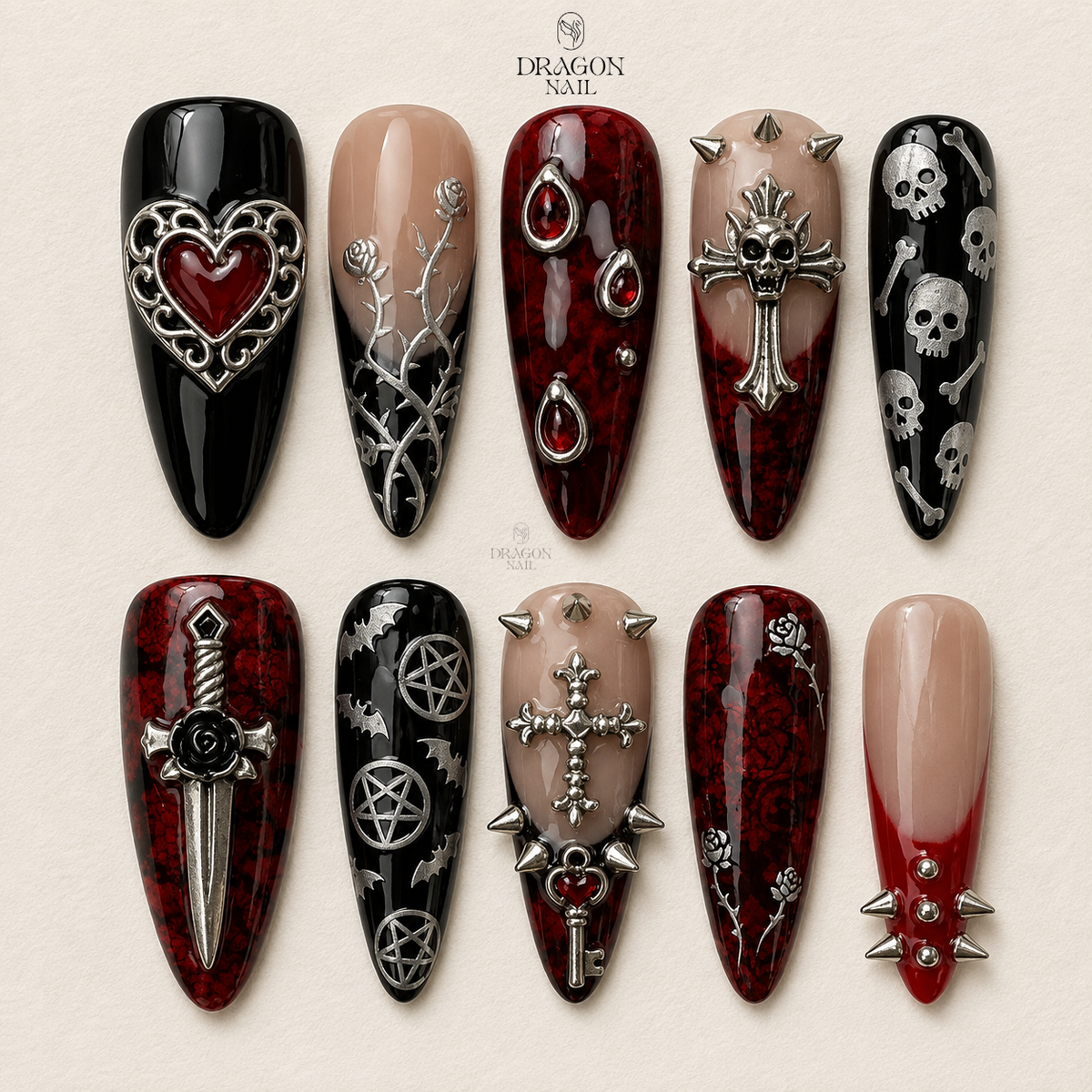 Dark Gothic Blood Red Cross Skull Stiletto Press On Nails