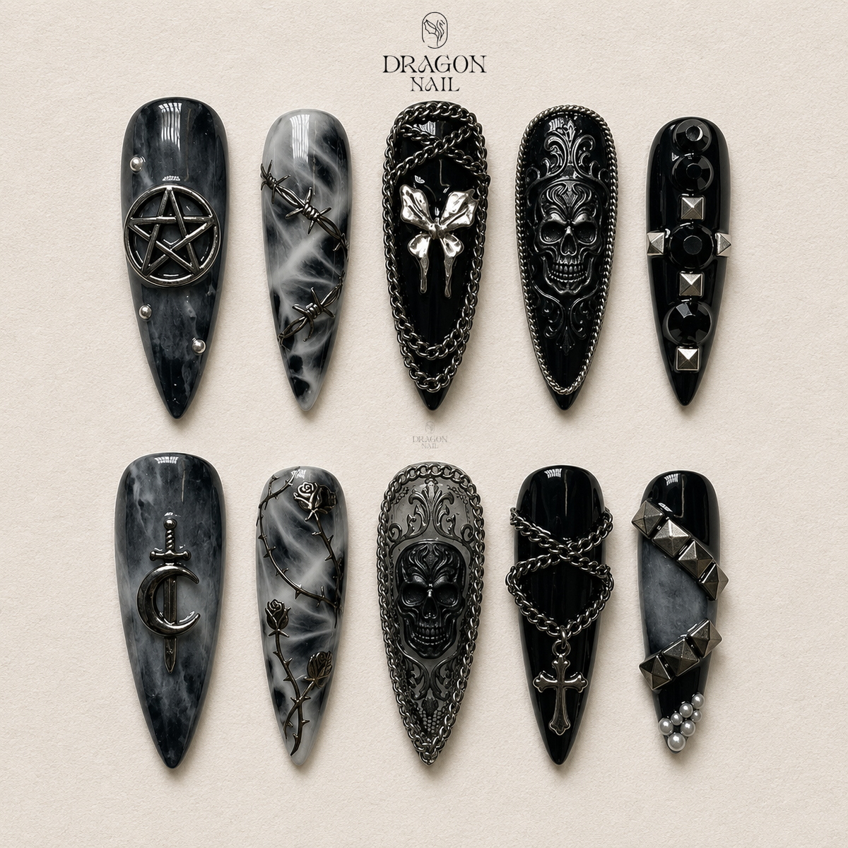 Dark Gothic Chain Accent Stiletto Statement Press On Nails