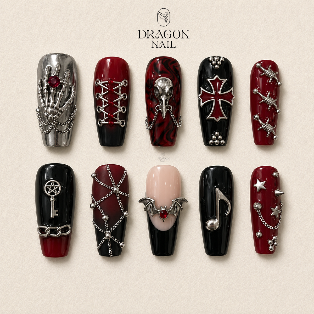 Dark Grunge Bat Wing Skull Accent Statement Press On Nails