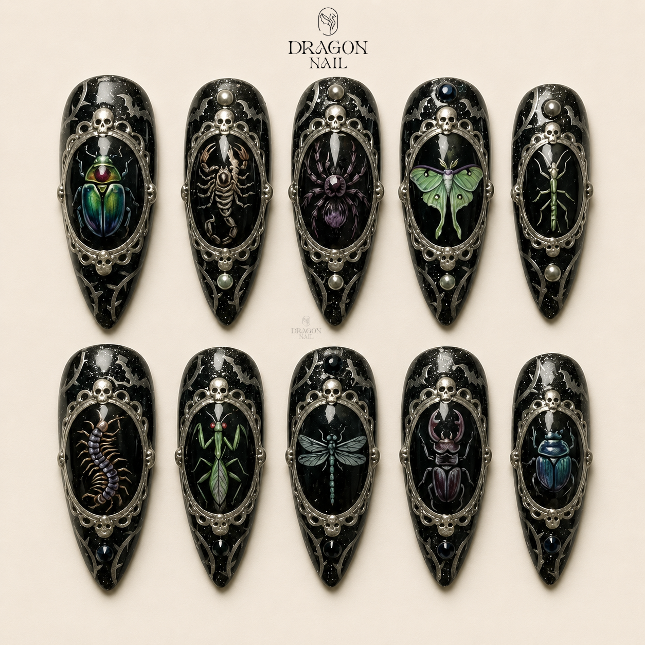 Dark Grunge Witchy Insect Silver Frame Statement Press On Nails