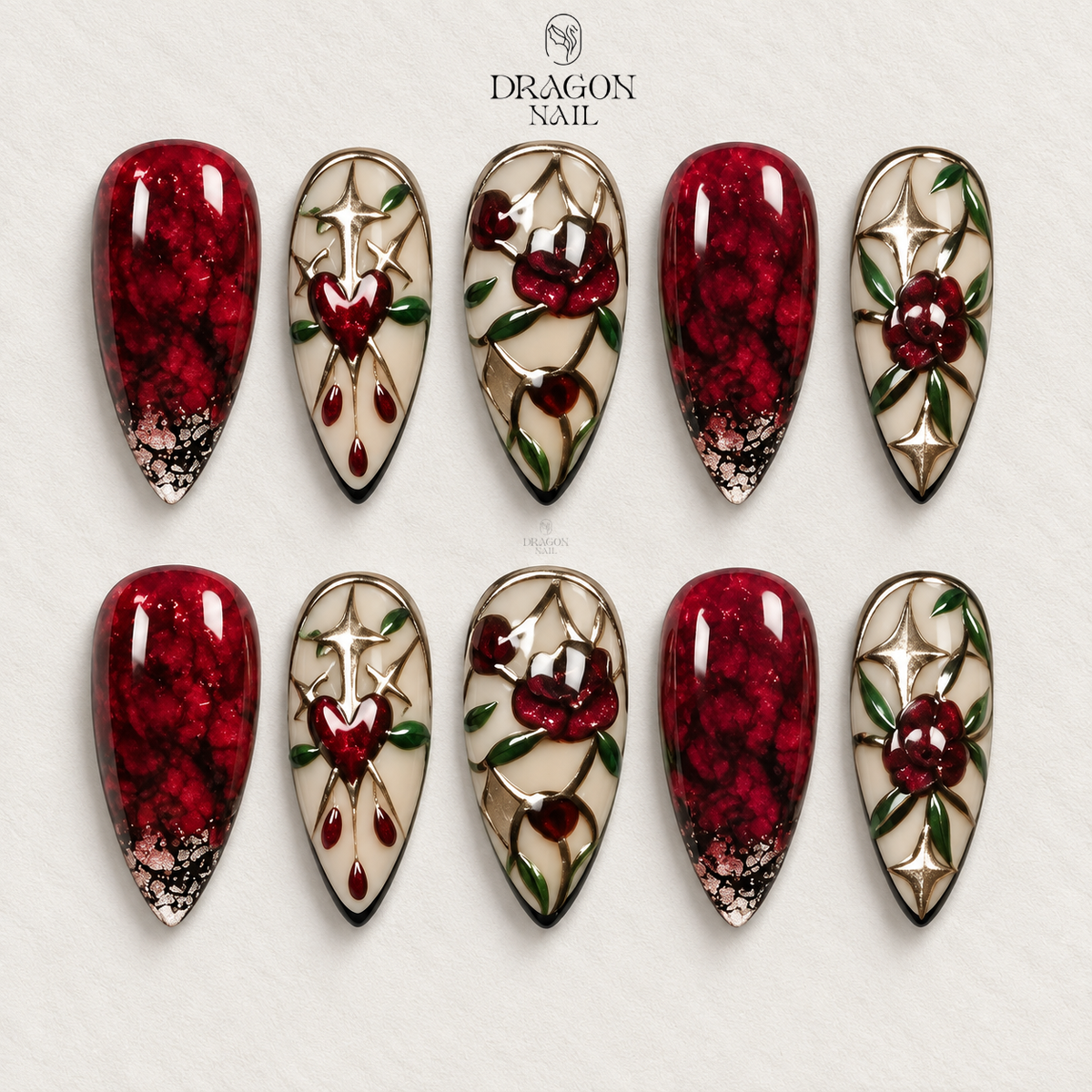 Dark Rose Nails, Gothic Floral Reusable Press-On Set, Deep Red Glass Art, Limited Edition