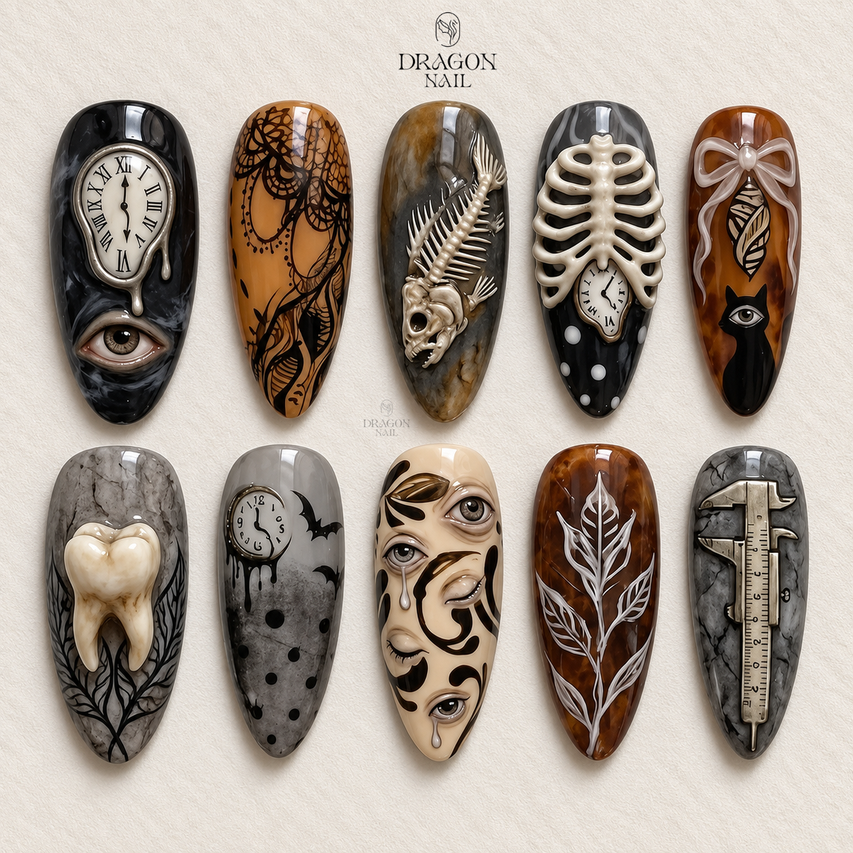 Dark Surreal Skull Clock Abstract Artistic Almond Press On Nails