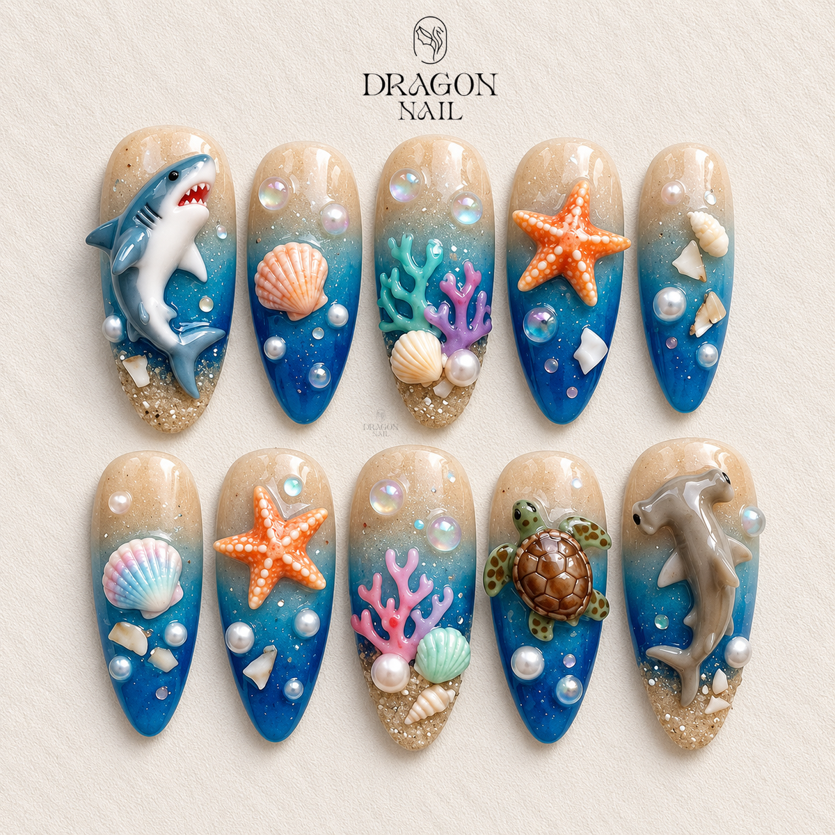 Deep Blue Ocean 3D Sea Life Press On Nails