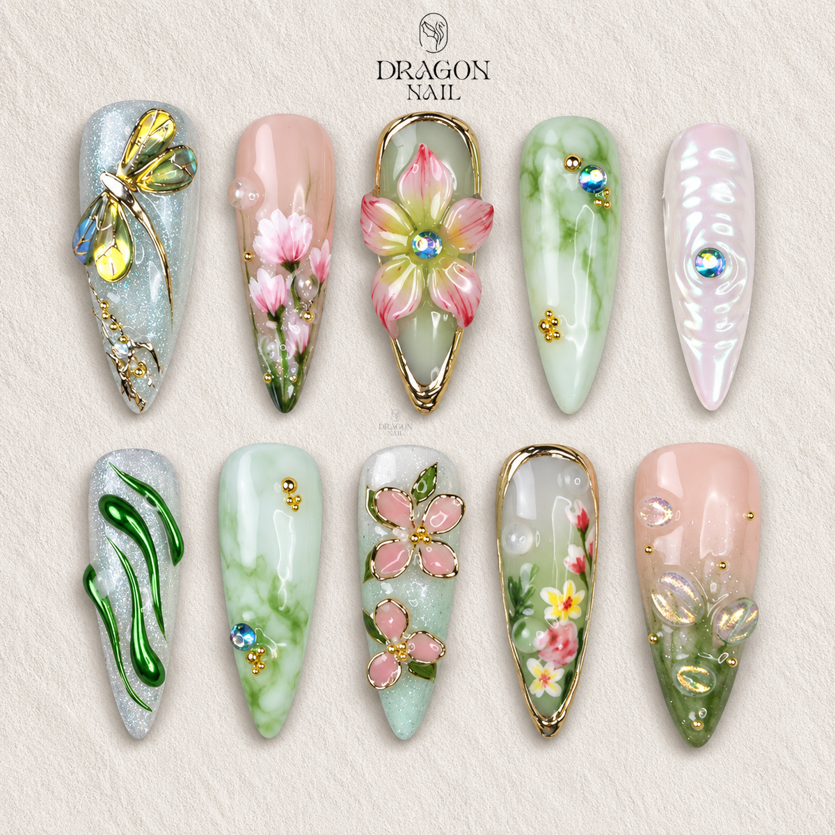 Dragonfly Floral Nature Press On Nails