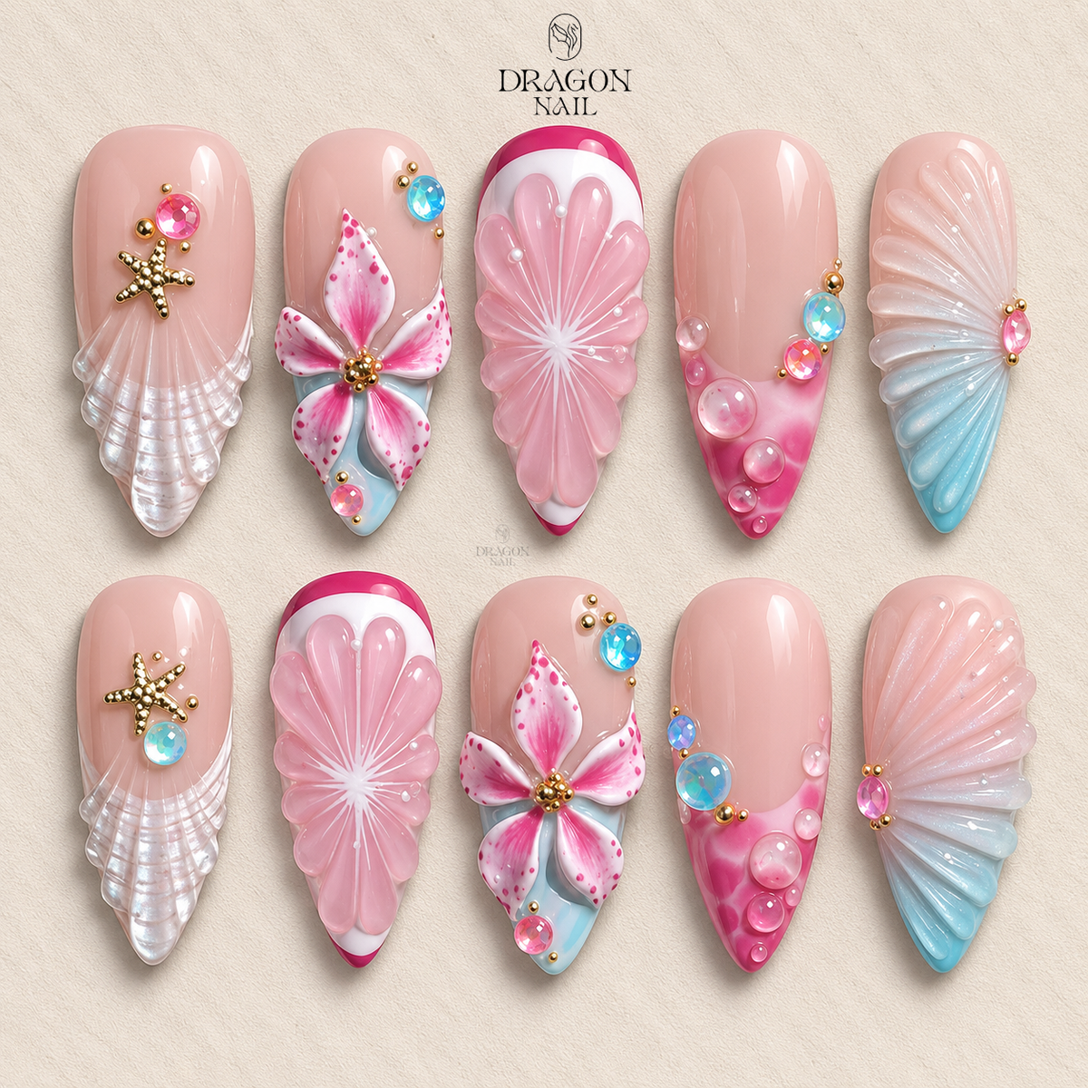 Dreamy Ocean Bloom 3D Press On Nails