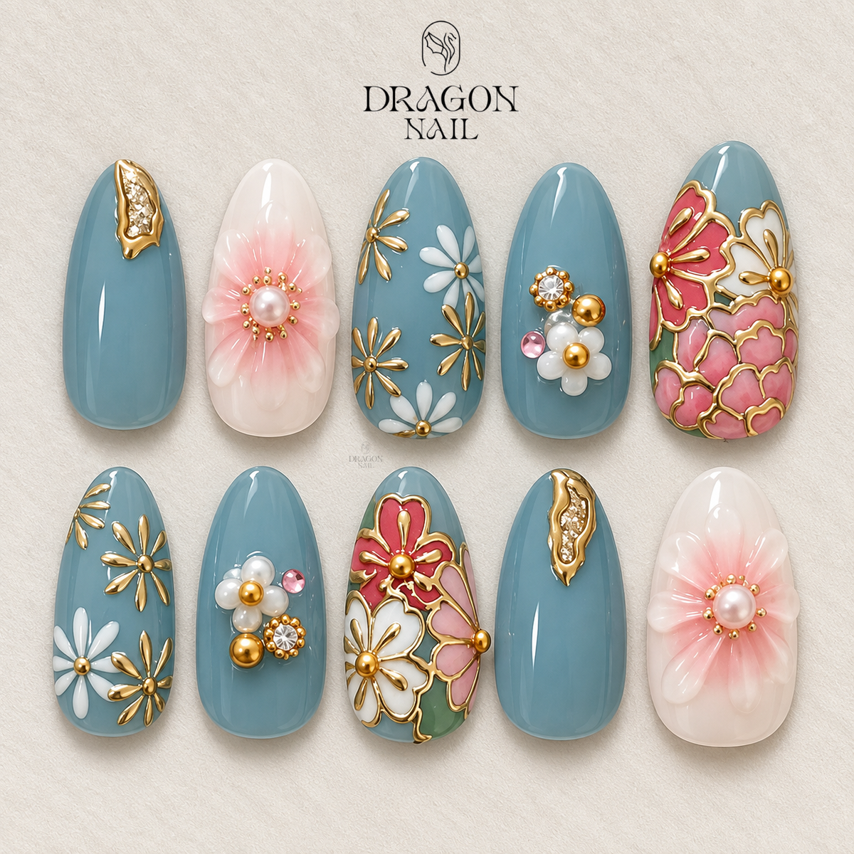 Dusty Blue Ornate Floral 3D Press On Nails