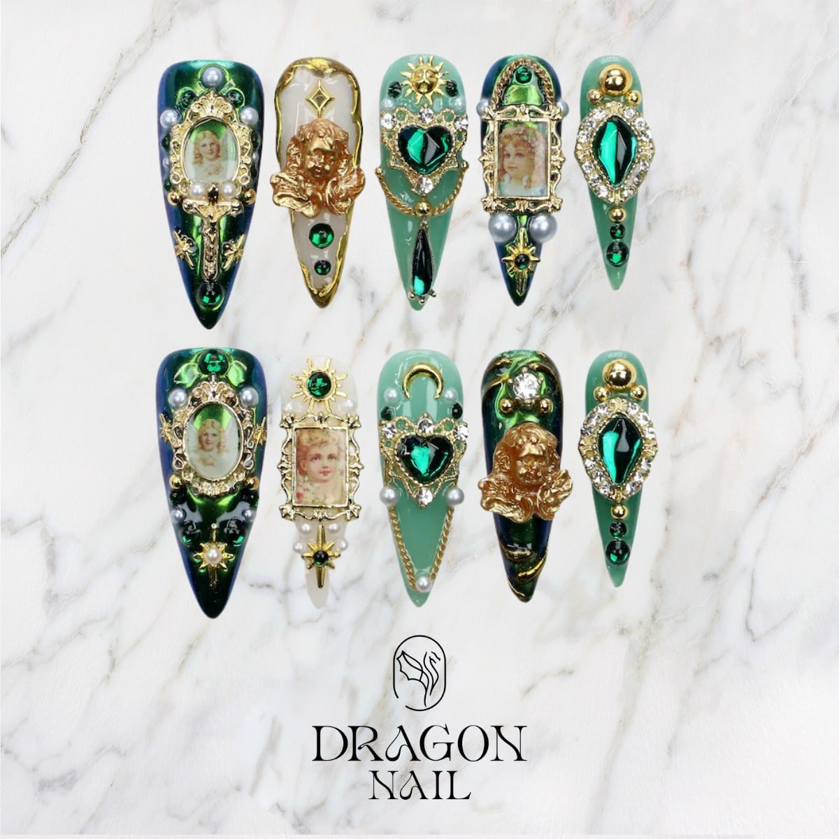 3D Angel Press On Nails: Chrome Gold & Green Gem Stiletto Nails