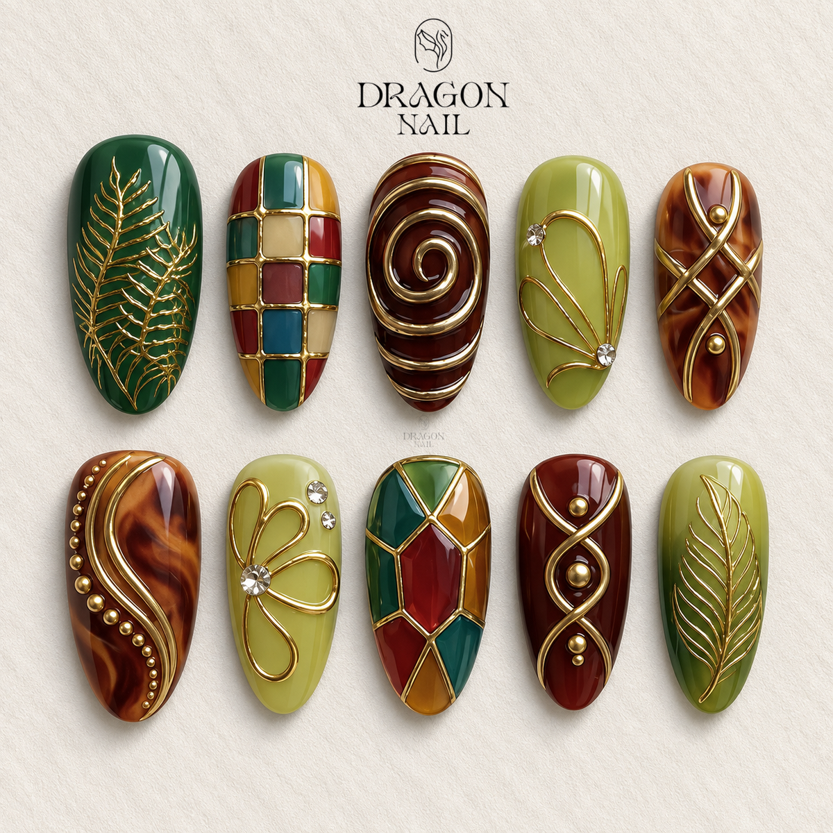 Earthy Stained Glass Gold Botanical Luxury Press On Nails