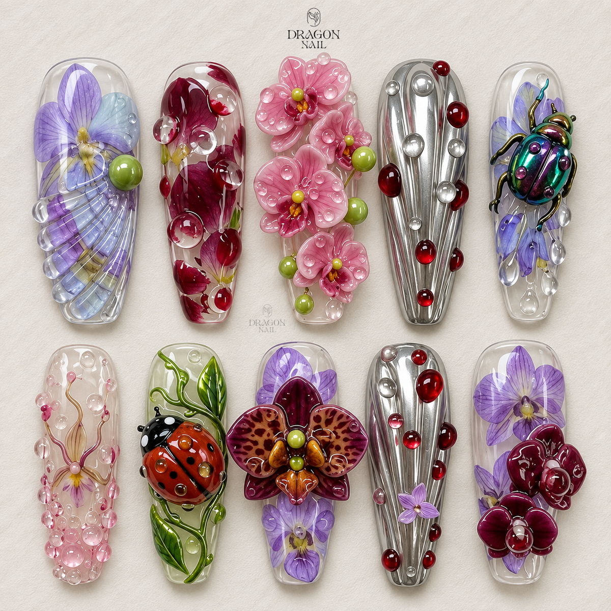Elegant Botanical Orchid Bloom 3D Floral Press On Nails
