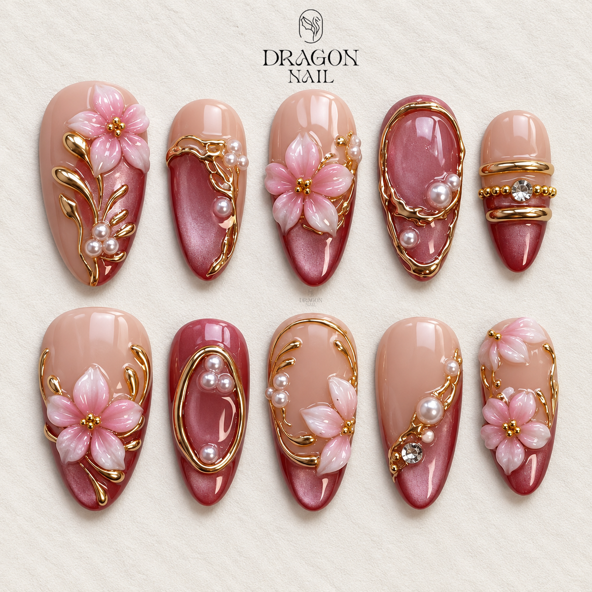 Elegant Green Gold Floral Celestial Almond Press On Nails