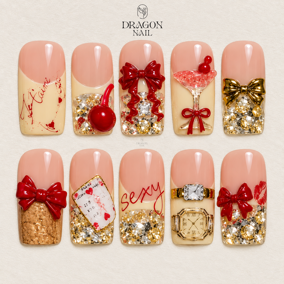 Elegant Red Ribbon Gold Crystal Letter Art Press On Nails