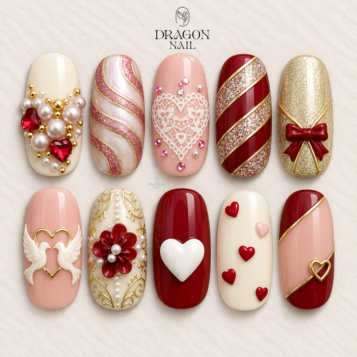 Elegant Valentine Press-On Nails Red & Gold Heart Lace Set