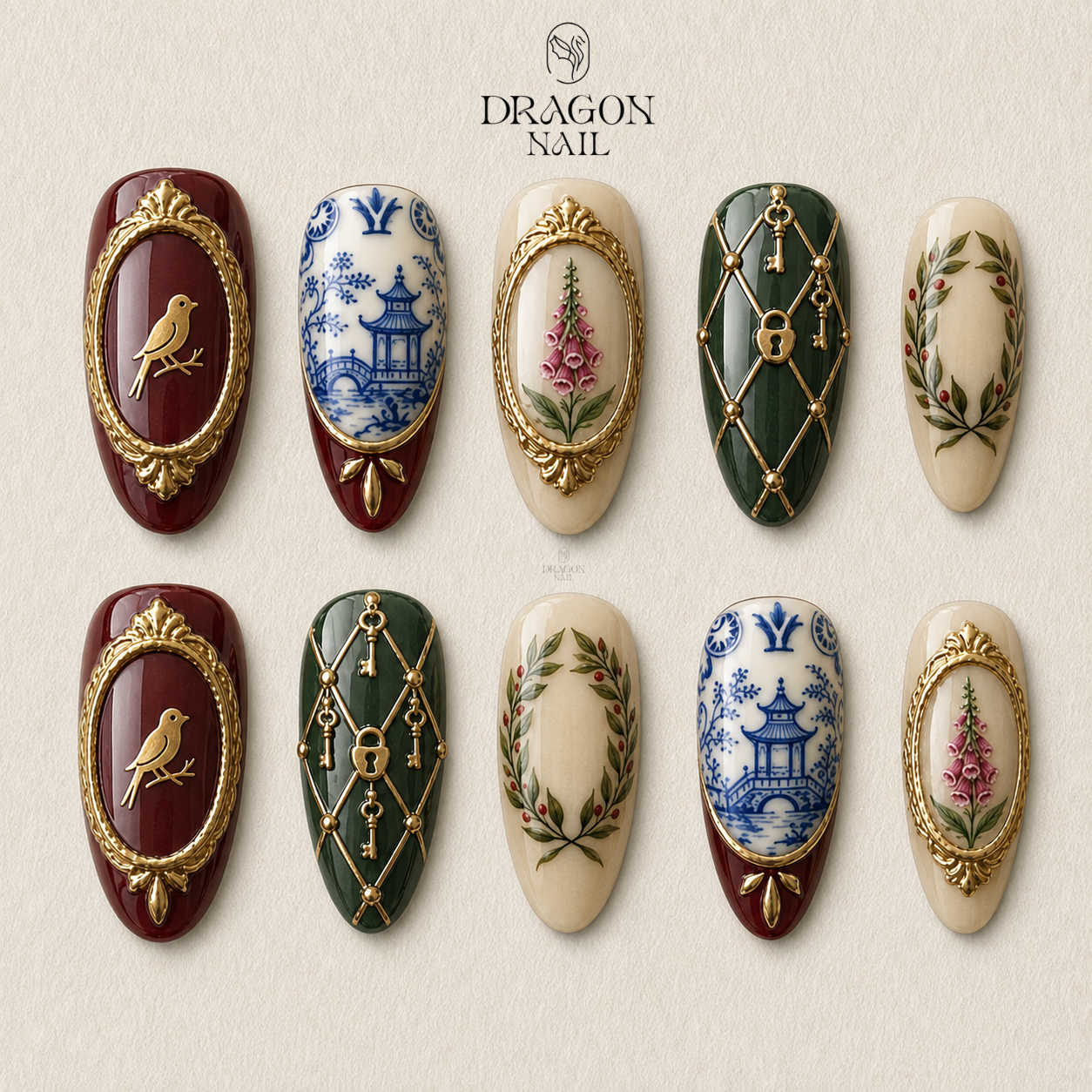 Elegant Blue White Floral Crane Porcelain Press On Nails
