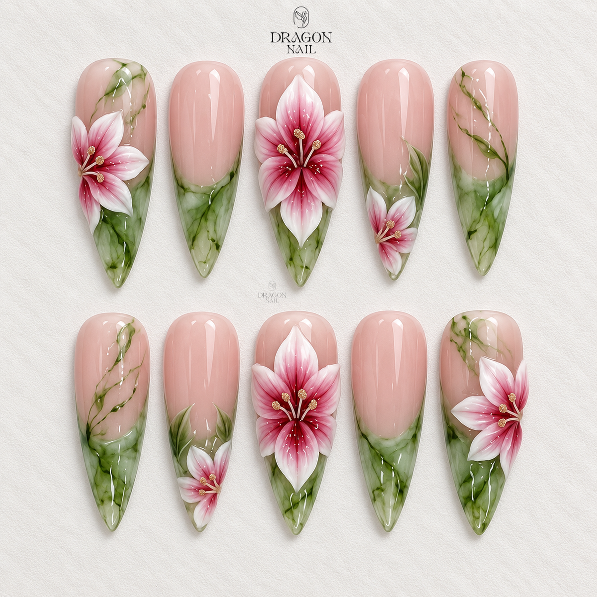 Elegant Pink Floral Blossom 3D Gradient Press On Nails