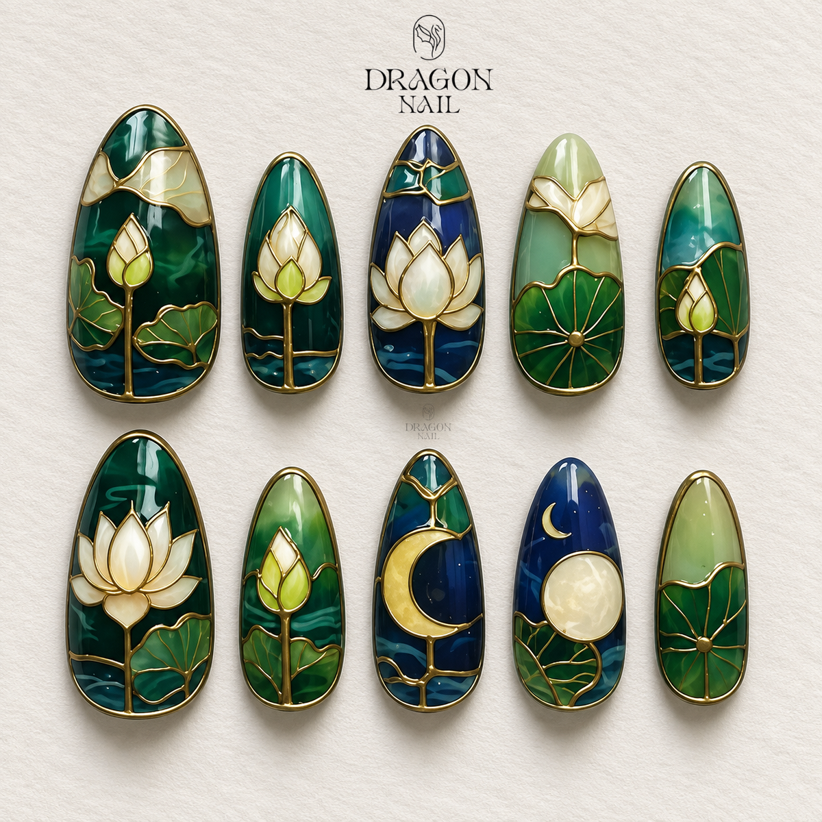 Elegant Stained Glass Lotus Floral Press On Nails