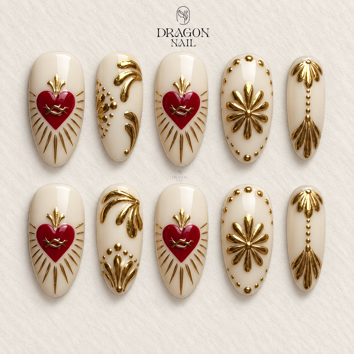 Elegant White and Gold Nails, Red Heart Accents and Vintage Metallic Art Press-On Set, Limited Edition