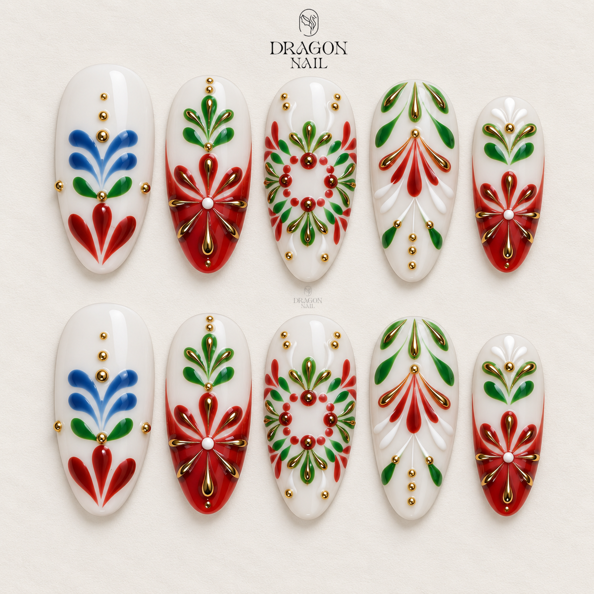 Emerald Green Gold Accent Elegant Almond Press On Nails