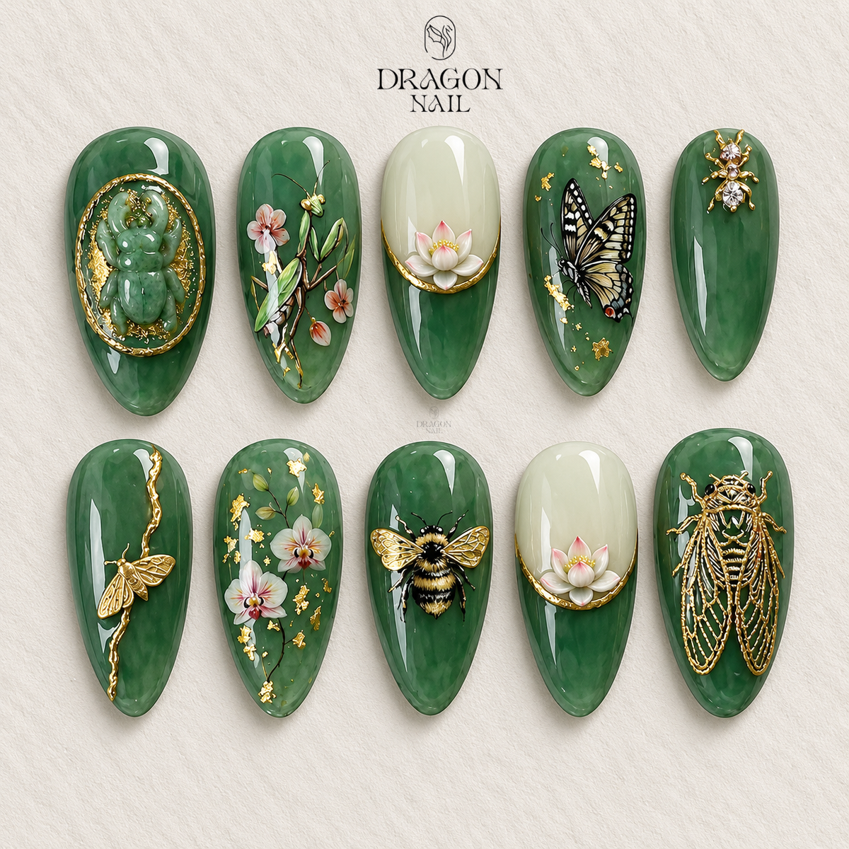 Enchanted Green Nature Insect Garden 3D Press On Nails