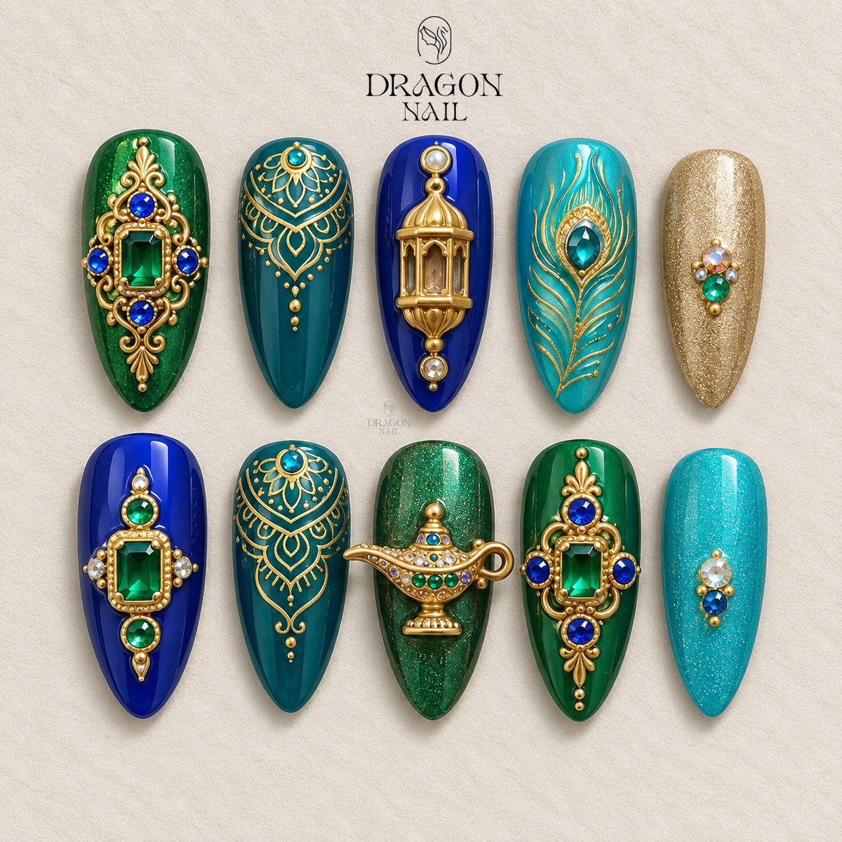 Exotic Jewel Gold Turquoise Royal Press On Nails