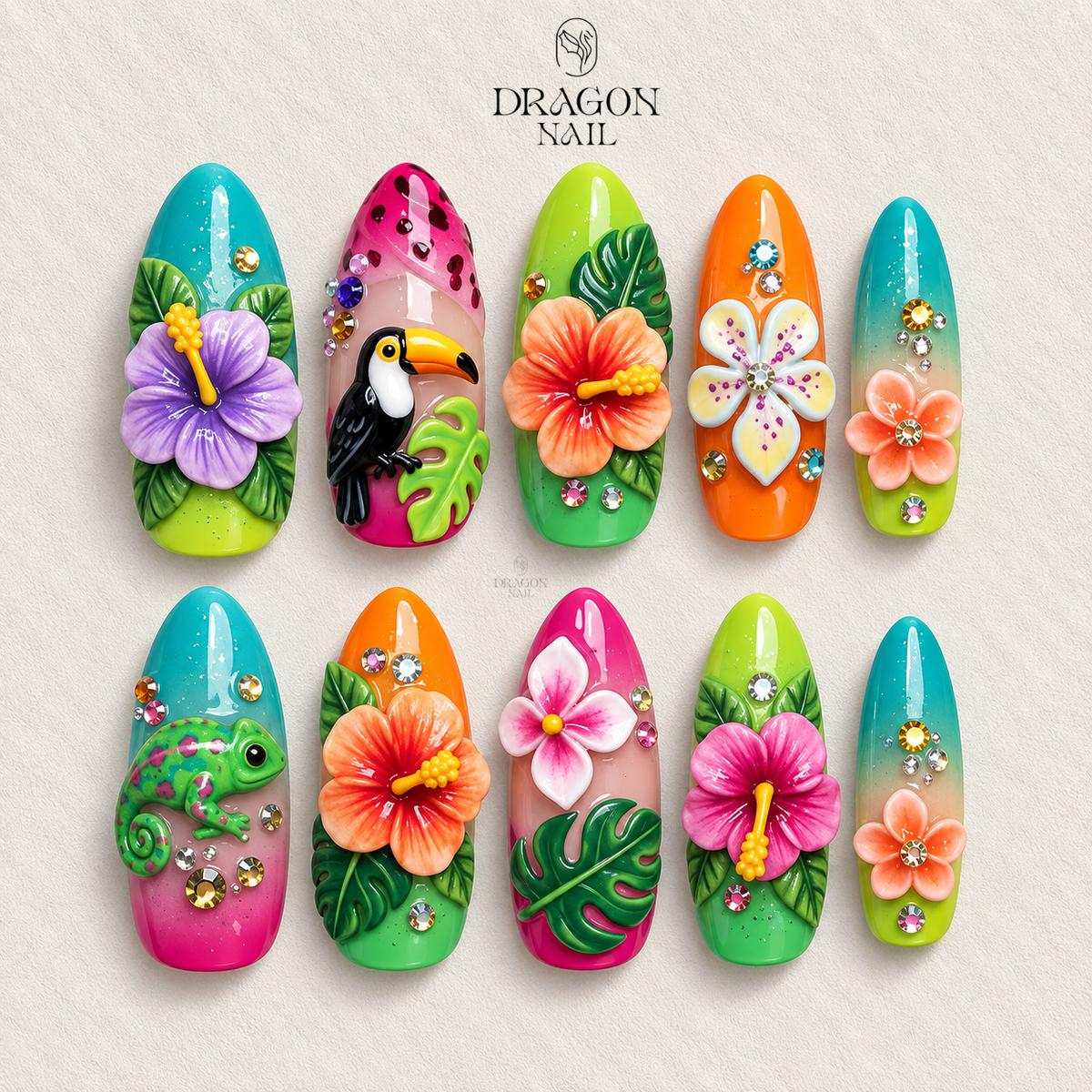 Exotic Jungle Floral 3D Summer Press On Nails