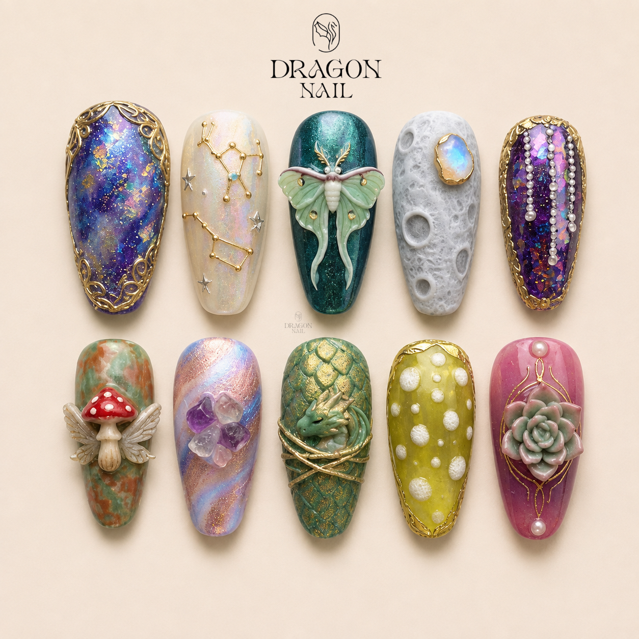 Fantasy Celestial Gold Galaxy 3D Press On Nails
