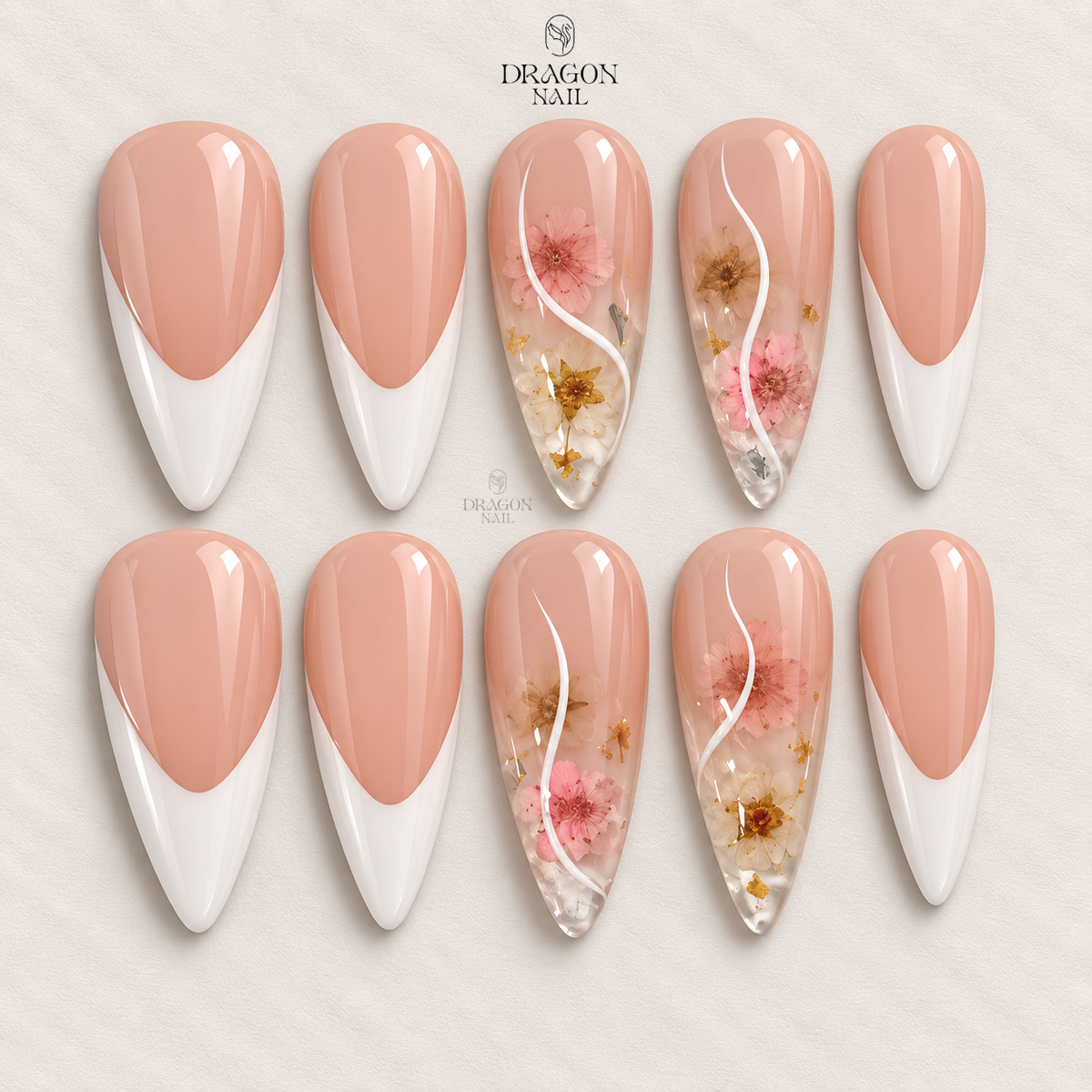 Floral French Tip Long Almond Elegant Press On Nails