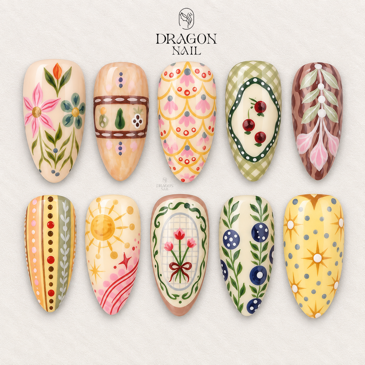 Folk Garden Hand-Painted Floral Press On Nails