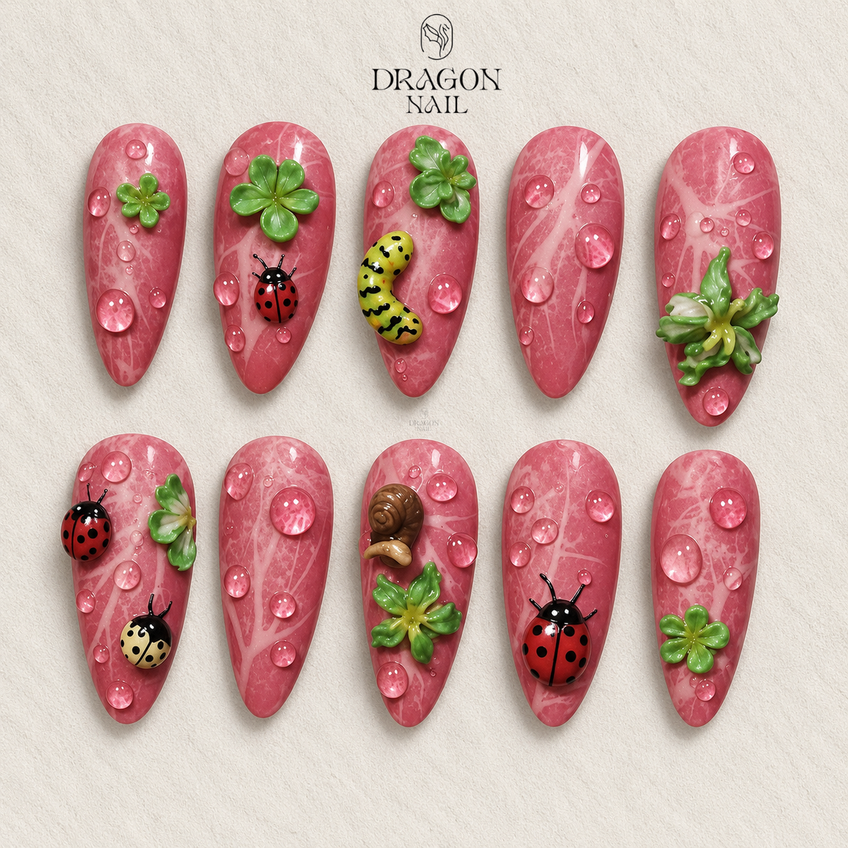 Garden Insect 3D Botanical Medium Almond Press On Nails