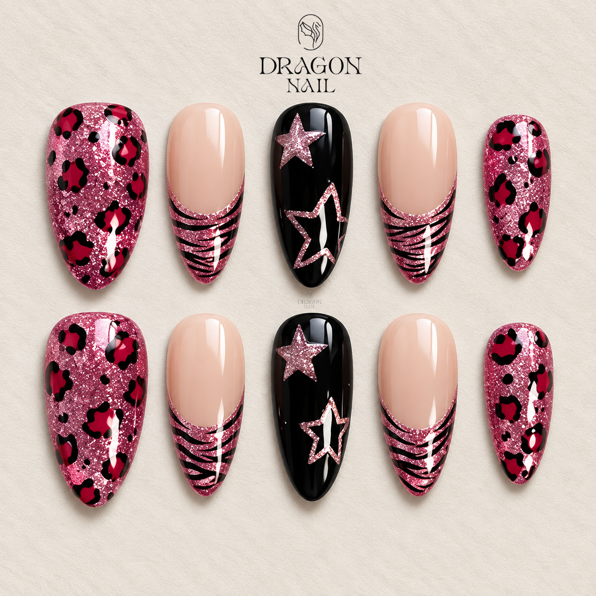Glitter Pink Leopard Star Y2K Press On Nails