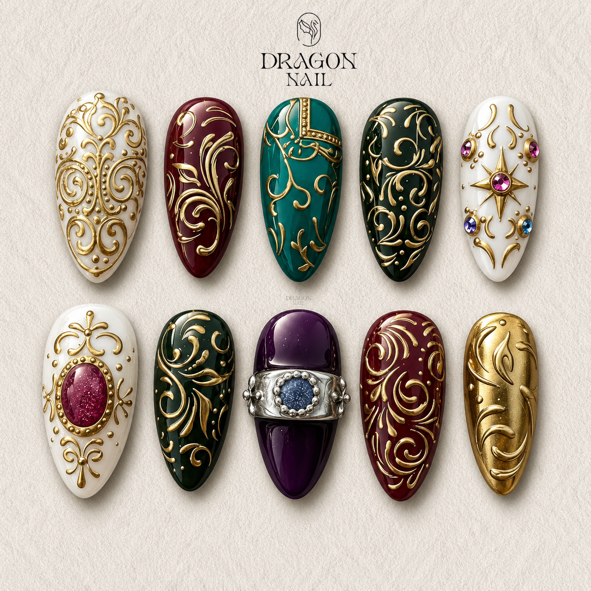Gold Embossed Jewel Royal Press On Nails