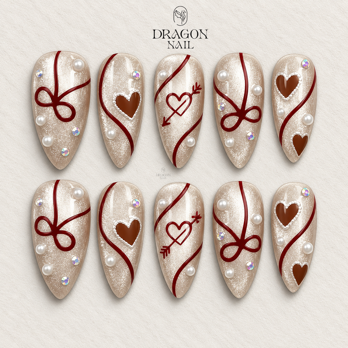 Gold Valentine Nails, Elegant Shimmer Press-On Set With Hearts & Pearls, Limited Edition