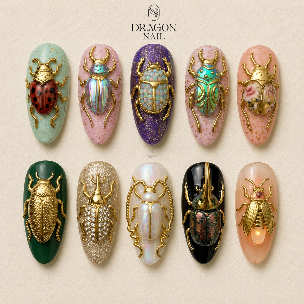 Golden Beetle Jewel Press On Nails