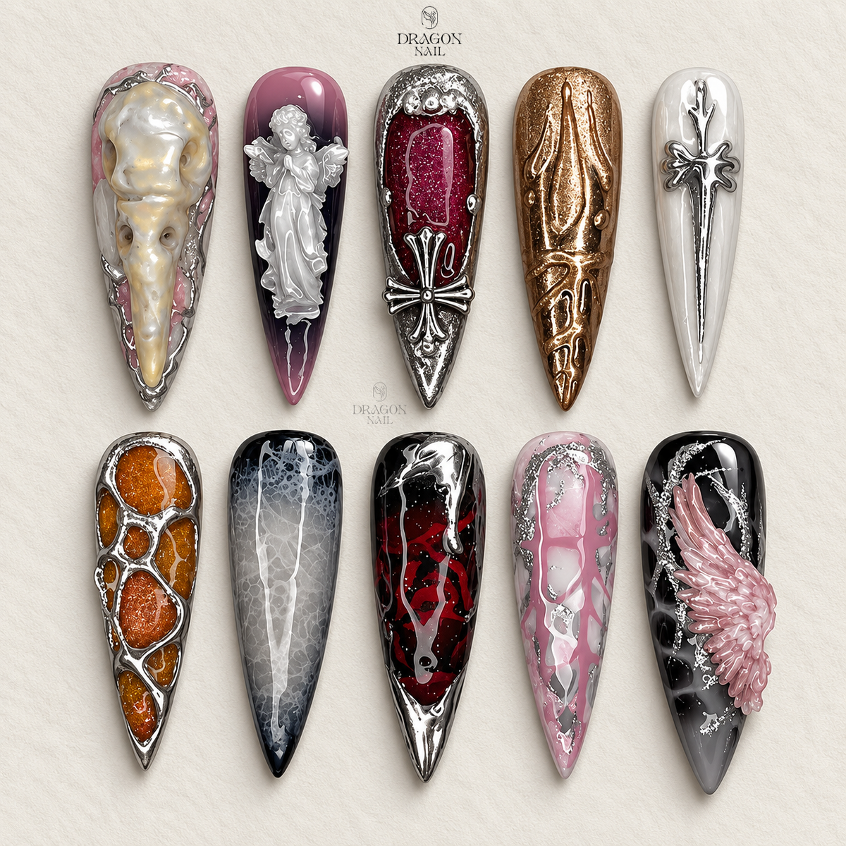 Gothic Angelcore Dark Fantasy Skull Press On Nails