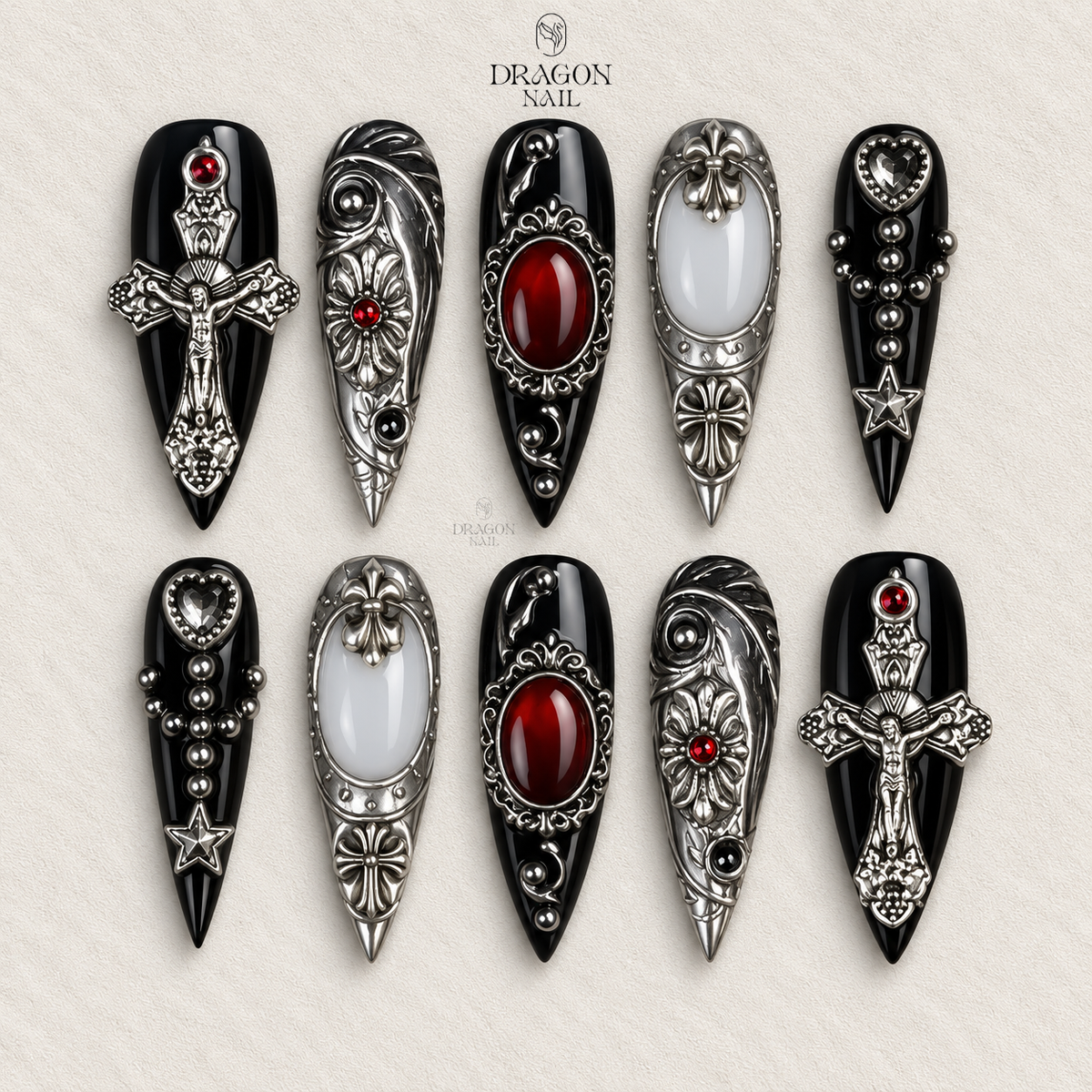 Gothic Baroque Red Gem Cross Dark Luxe Stiletto Press On Nails