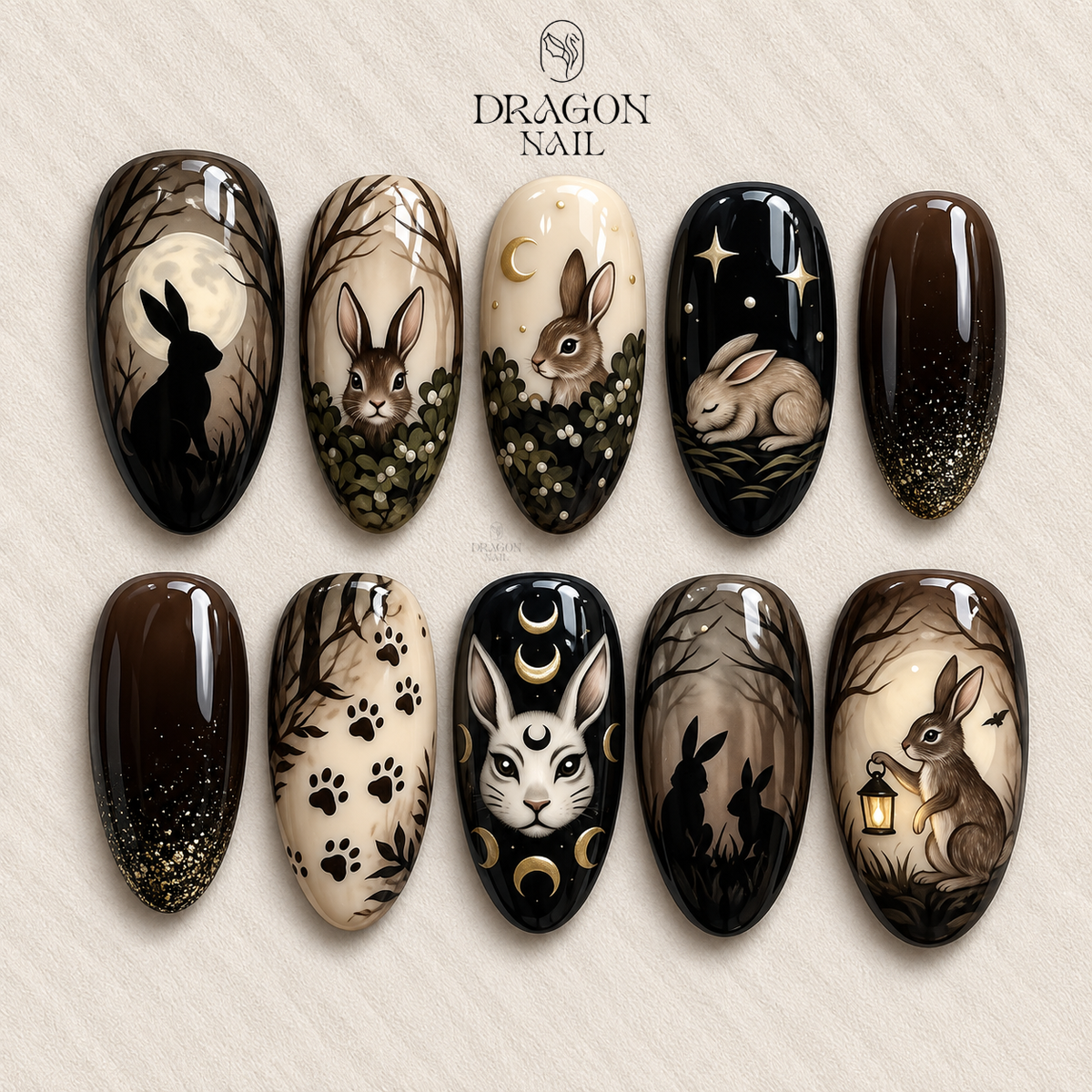 Gothic Bunny Moon Stars Dark Forest Hand Painted Press On Nails