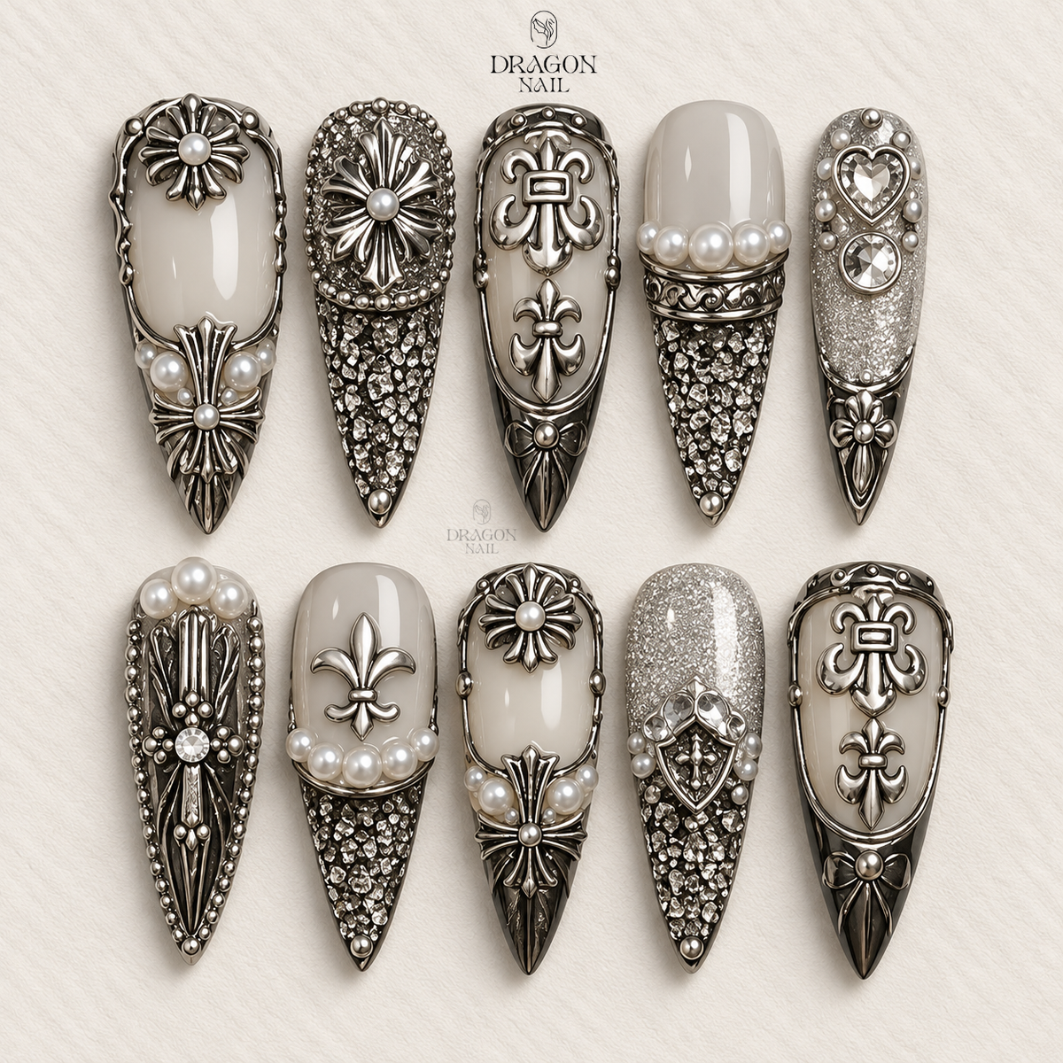 Gothic Cross Fleur Ornate Silver Luxury Press On Nails