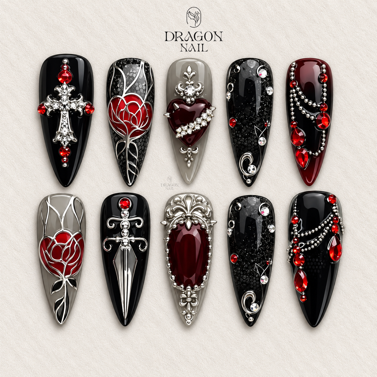 Gothic Cross Nails, Black Red Reusable Press-On Set With Crystal Charms, Dark Luxury, Limited Edition