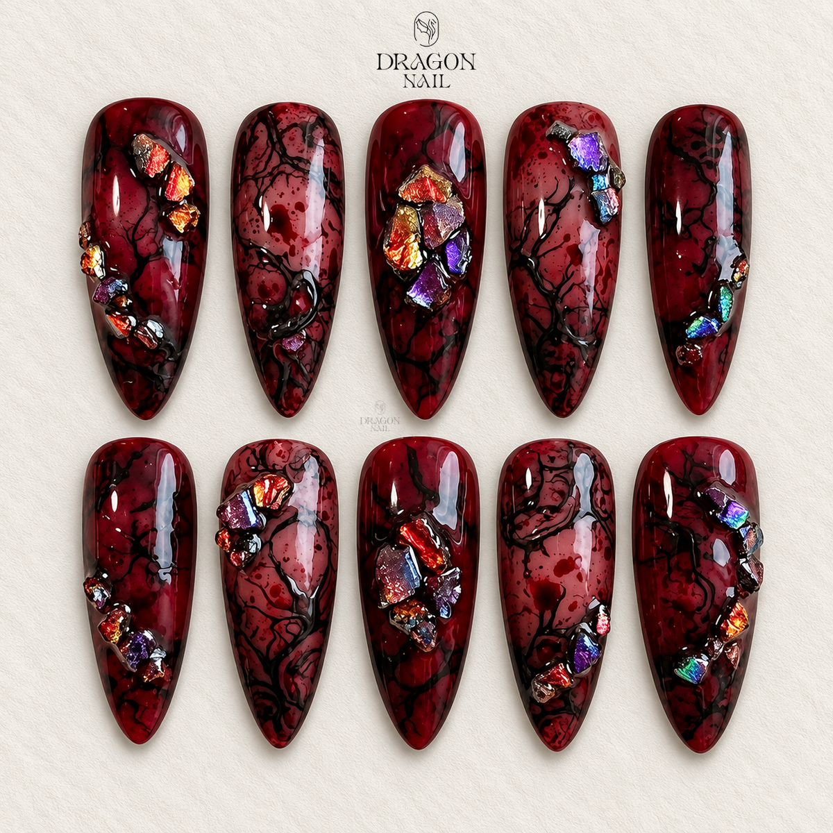 Gothic Marble Blood Vein Crystal Cluster Deep Red Grunge Press On Nails