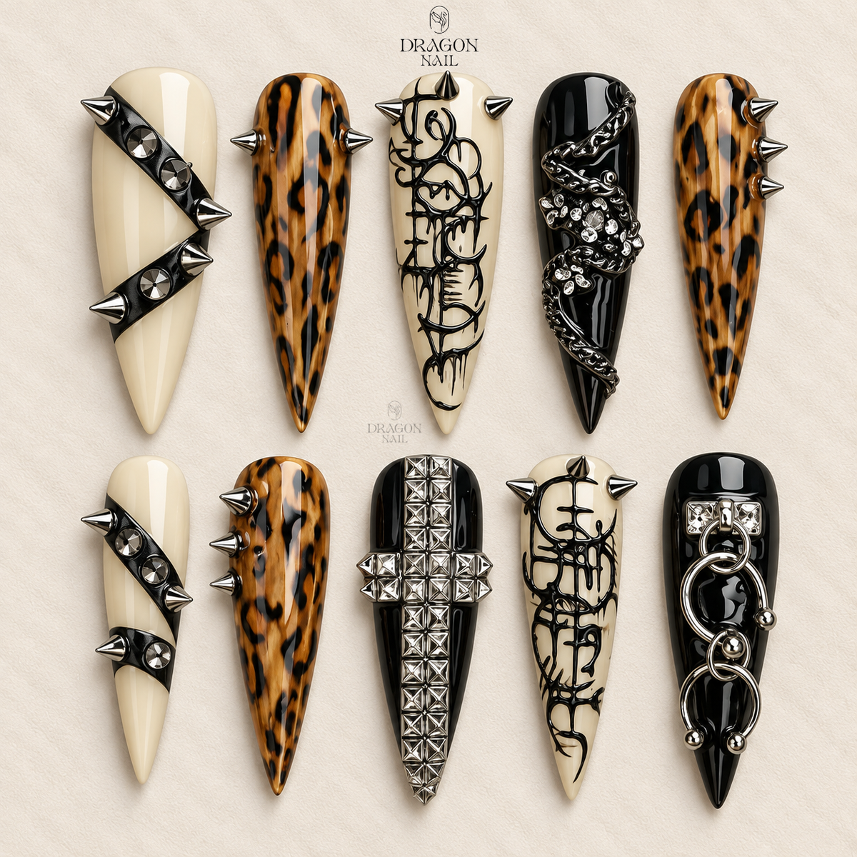 Gothic Punk Chrome Leopard Studded Stiletto Press On Nails