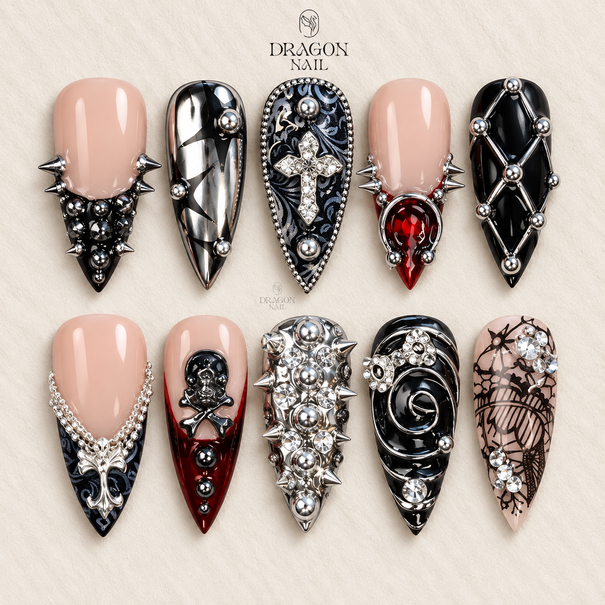 Gothic Punk Lace Studded Spike Edgy Stiletto Press On Nails